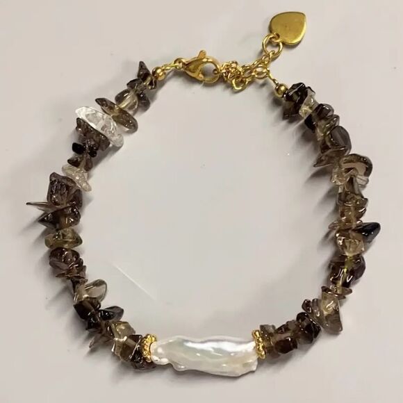 Smokey Quartz Chips Natural Freshwater Pearl Gold Tone Bracelet NWT - Picture 1 of 4